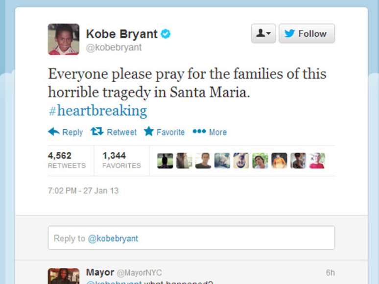 Astro Kobe Bryant lamentou a tragédia de Santa Maria e pediu orações para os familiares das vítimas