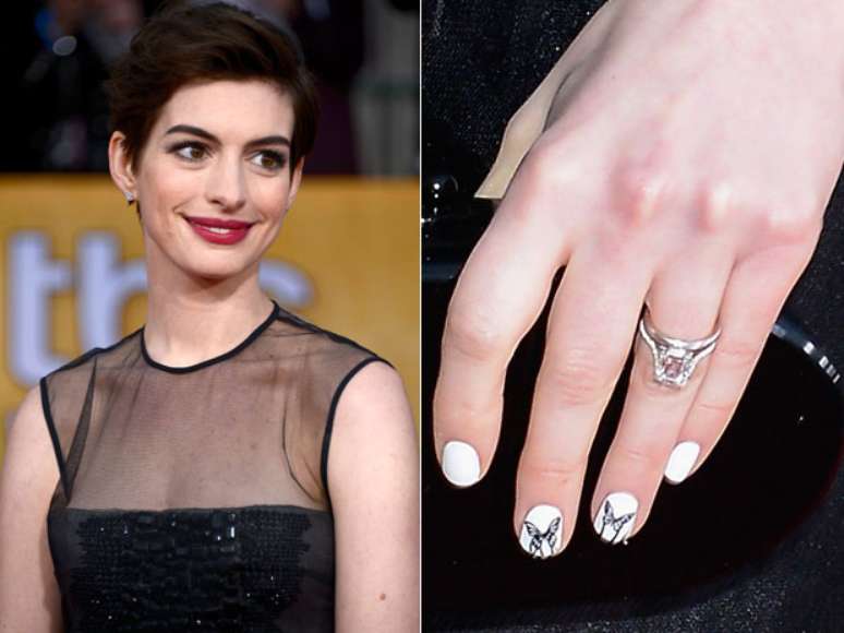 A premiada da noite no SAG Awards, Anne Hathaway, que levou a estatueta de melhor atriz coadjuvante por Os Miseráveis, optou por uma unha branco puríssimo com desenho de uma borboleta em preto em alguns unhas