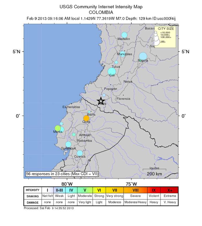 Estrela em preto na imagem do USGS mostra epicentro do tremor na Colômbia 
