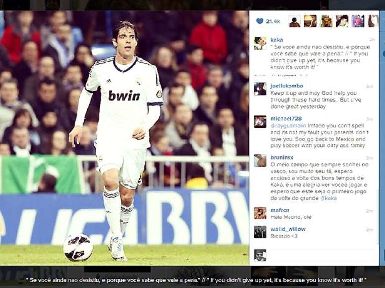 Kaká recebeu apoio de internautas depois de postar mensagem no Instagram