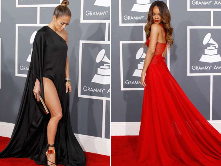 <p>Jennifer Lopez e Rihanna chamaram atenção com os vestidos escolhidos para a cerimônia do Grammy 2013, na noite deste domingo (10). J.Lo usou um vestido com uma enorme fenda na perna direita, ignorando a recomendação dos organizadores do prêmio para que os vestidos fossem mais recatados. Veja outros destaques do tapete vermelho na galeria</p>