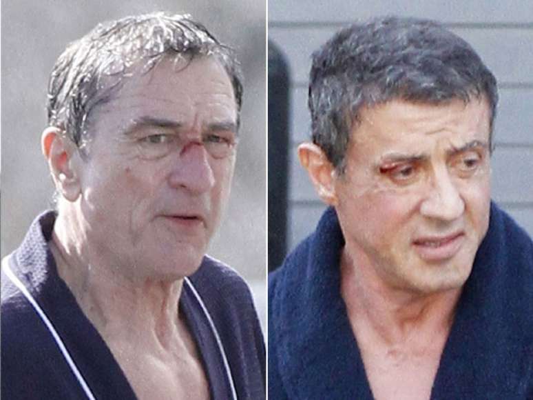 Robert De Niro e Sylvester Stallone apareceram machucados no set de filmagem de 'Grudge Match', durante gravação na última terça-feira (19), em Nova Orleans, EUA. Eles vivem boxeadores no filme