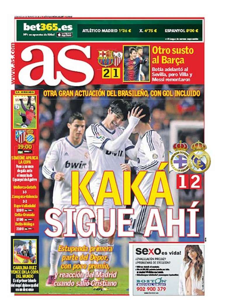 <p>Meia brasileiro Kaká virou manchete do jornal <i>As</i> após marcar em vitória do Real sobre o La Coruña</p>