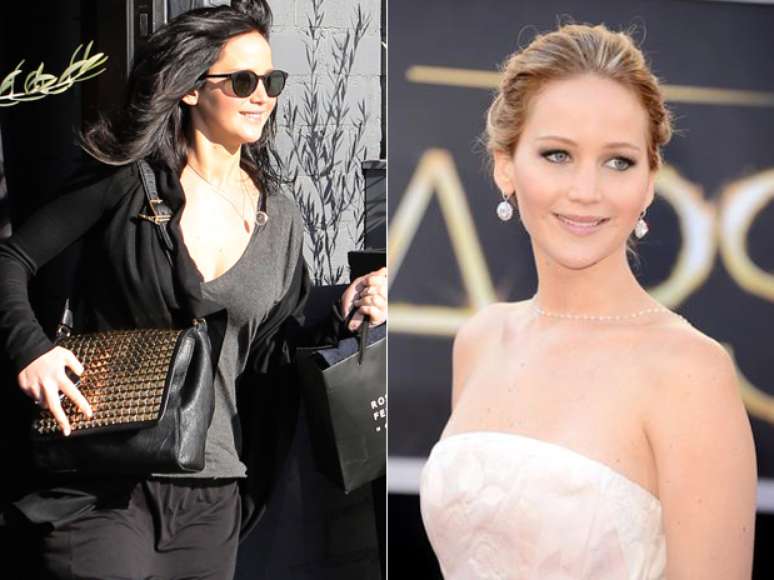 <p>Jennifer Lawrence decidiu mudar os cabelos ap&oacute;s levar o Oscar de Melhor Atriz no &uacute;ltimo domingo. Ela foi fotografada com os cabelos pretos na sa&iacute;da do sal&atilde;o de beleza em Beverly Hills, nessa segunda-feira (26). Na imagem do lado direito, a atriz aparece loira no tapete vermelho do Oscar</p>