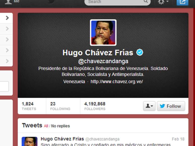 A conta de Chávez no Twitter, no dia 8 de março de 2012, três dias após sua morte