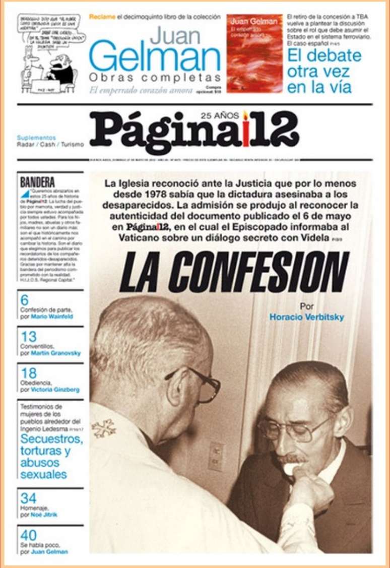Jornal <I>Página12</i> estampou em 2012 imagem de Bergoglio ministrando comunhão a Videla, mas veracidade da foto é questionada por não ser possível identificar o rosto do hoje papa