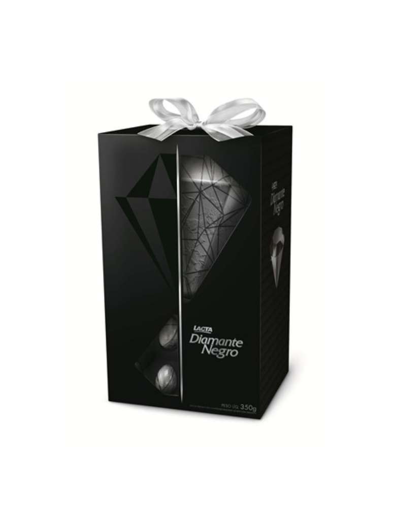 Diamante Negro produzido com cristais crocantes em formato de diamante. Da Lacta. Por R$ 59,99 (350g). SAC: 0800 704 1940