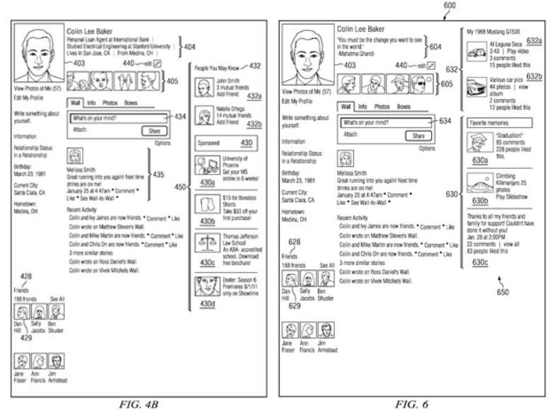 Imagens do pedido de patente mostram um perfil comum (E) e pago, com personalização e sem anúncios (D)