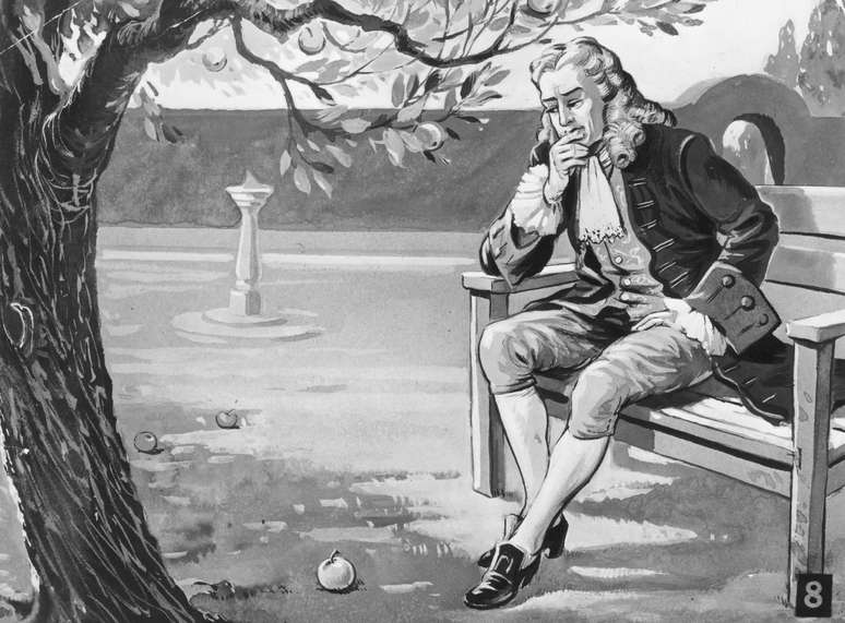 Sir Isaac Newton contempla a força da gravidade ao observar a queda de uma maça, por volta de 1665