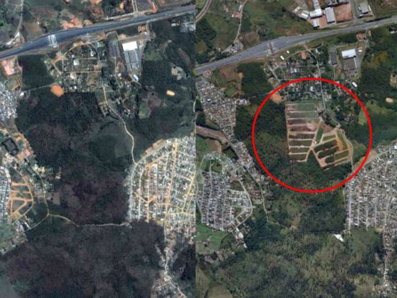 <p>Montagem mostra compara&ccedil;&atilde;o entre &aacute;rea do munic&iacute;pio de Aruj&aacute; (SP) em 2001 e 2009: &aacute;reas com menos de 3 hectares n&atilde;o s&atilde;o detectadas</p>