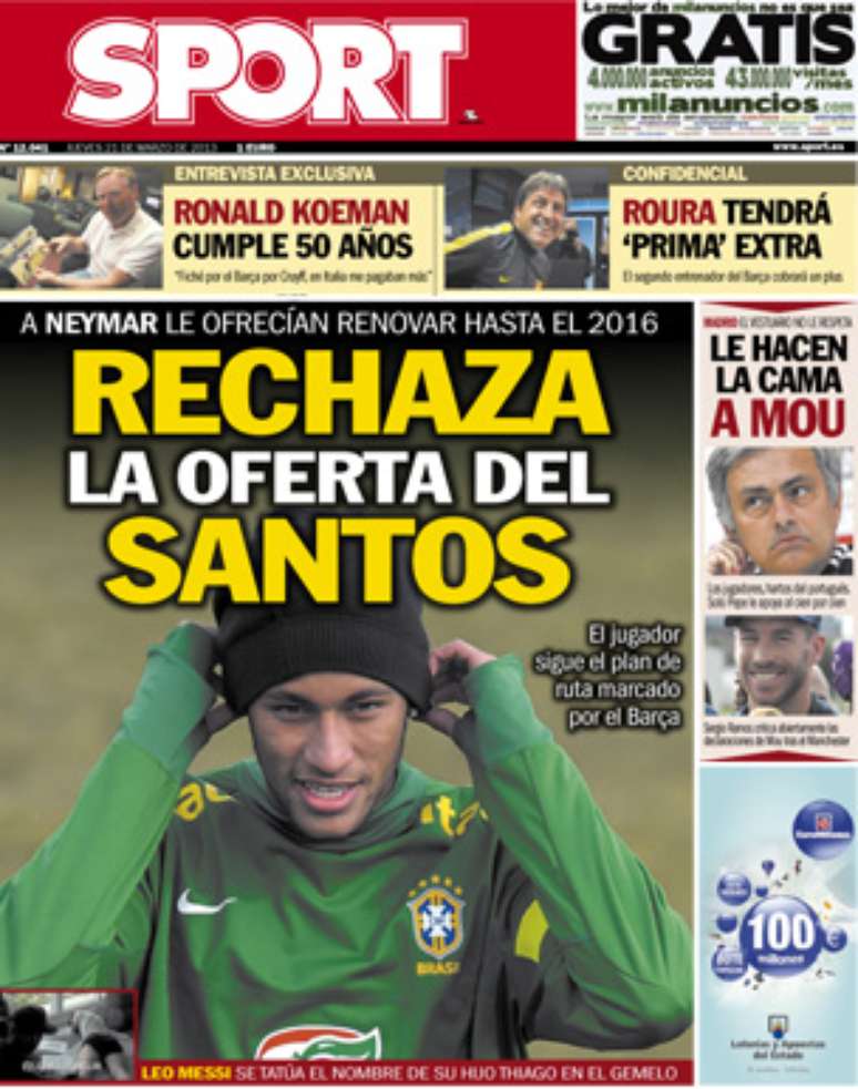 <p>Capa desta quinta do jornal Sport informa que Neymar teria recusado oferta do Santos</p>