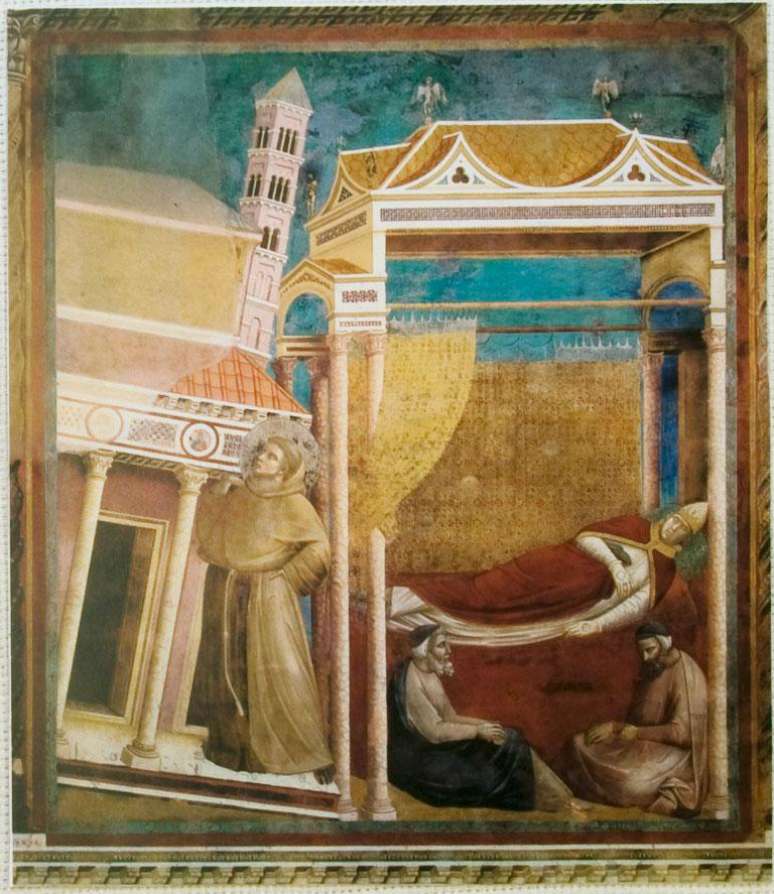 <p>Na pintura de Giotto, enquanto dorme, papa Inoc&ecirc;ncio III v&ecirc; a Bas&iacute;lica de S&atilde;o Jo&atilde;o de Latr&atilde;o, ent&atilde;o cora&ccedil;&atilde;o da Igreja Cat&oacute;lica, prestes a desabar, n&atilde;o estivesse sustentada por um humilde religioso: Francisco</p>