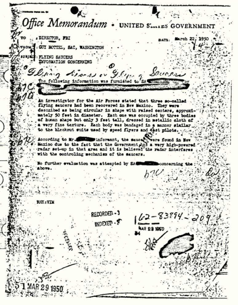 Documento de 1950 divulgado pelo FBI apresenta relato sobre encontro com objetos voadores não identificados