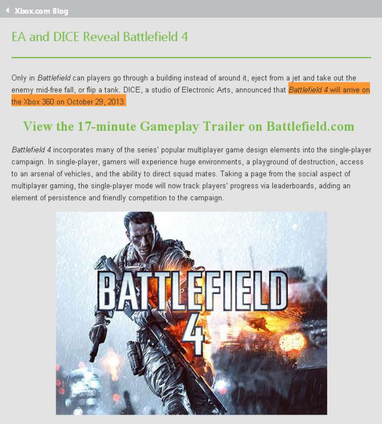 Informação sobre data de lançamento de 'Battlefield 4' foi rapidamente retirada do site do Xbox 360