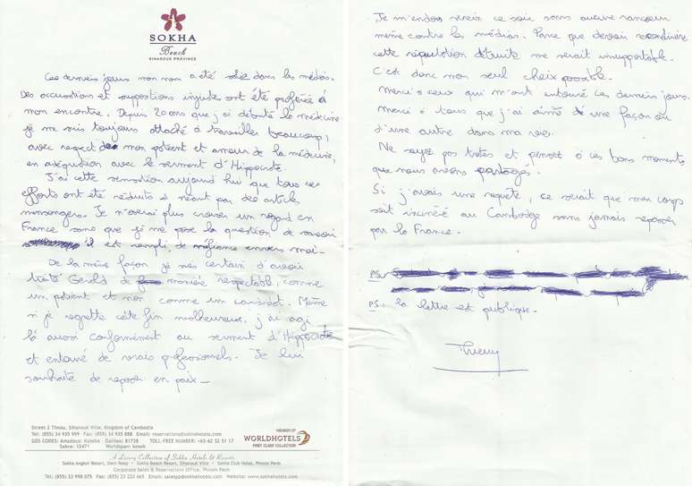 Reprodução da carta escrita por Thierry Costa, médico que trabalhava no programa de TV francês 'Koh Lanta'
