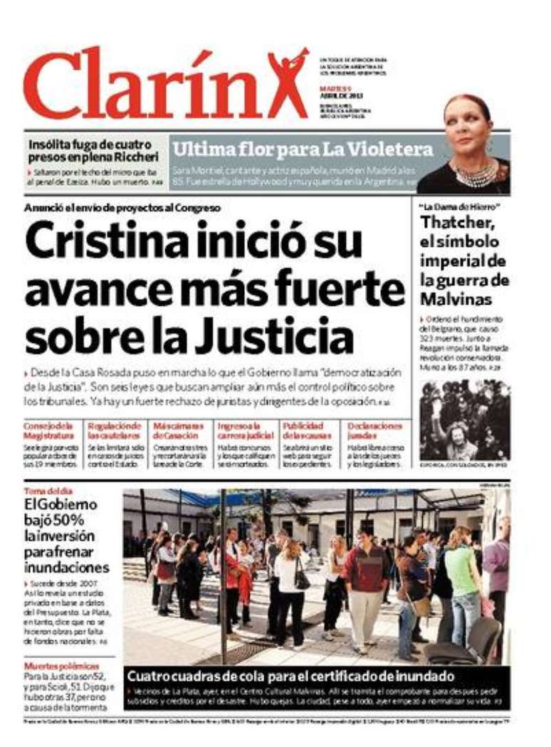 O Clarín, jornal de maior circulação no país, trouxe a notícia na capa
