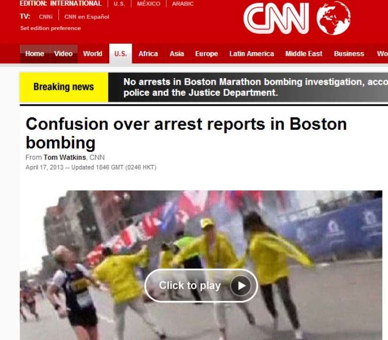 <p>Notícia em que CNN volta atrás fala em confusão na divulgação do suspeito preso</p>