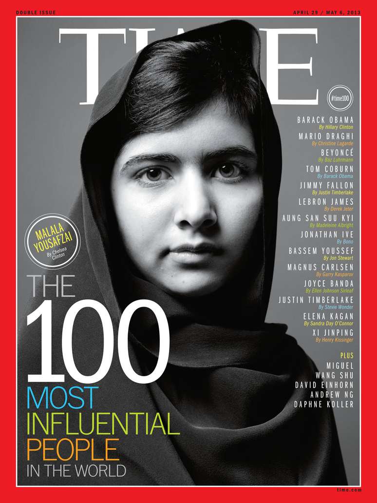 A jovem paquistanesa Malala Yousafzai, ativista do direito &agrave; educa&ccedil;&atilde;o das meninas, est&aacute; na lista de 2013 das 100 personalidades mais influentes publicada pela revista americana Time. Francisco, o primeiro papa latino-americano, e Joaquim Barbosa, presidente do supremo Tribunal Federal brasileiro, tamb&eacute;m integram a lista. Veja outros nomes