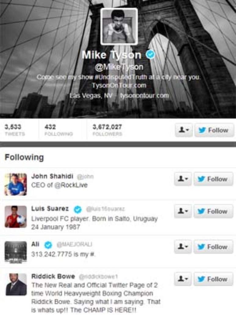 <p>Mike Tyson passou a seguir Suárez no Twitter</p>
