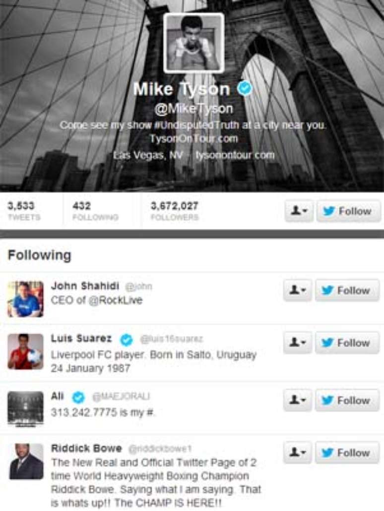 <p>Mike Tyson passou a seguir Su&aacute;rez no Twitter</p>
