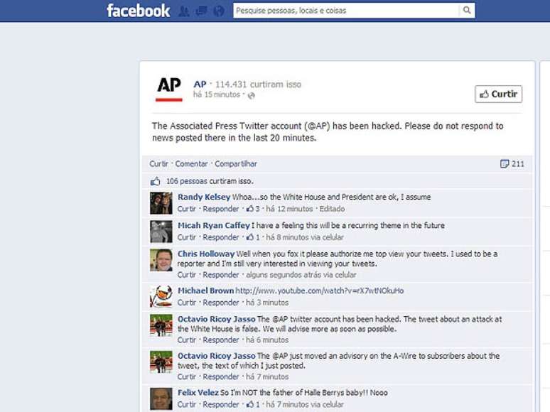Reprodução da página da AP no Facebook confirmando o ataque à conta da agência