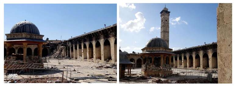 À direita, imagem da Mesquita dos Omíadas antes da queda do minarete