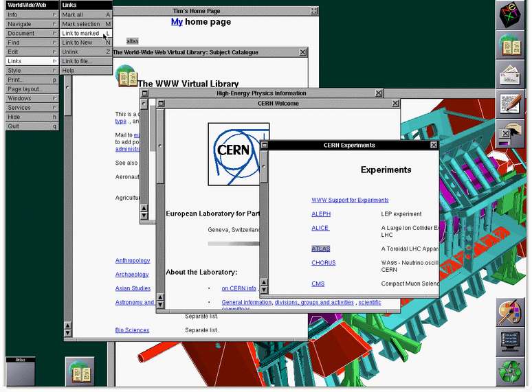 Impressão de tela mostra como era o primeiro site da web, visto no primeiro navegador da internet