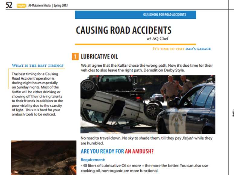 Detalhe de uma das dicas da seção 'Open Source Jihad' em que se ensina a provocar acidentes rodoviários