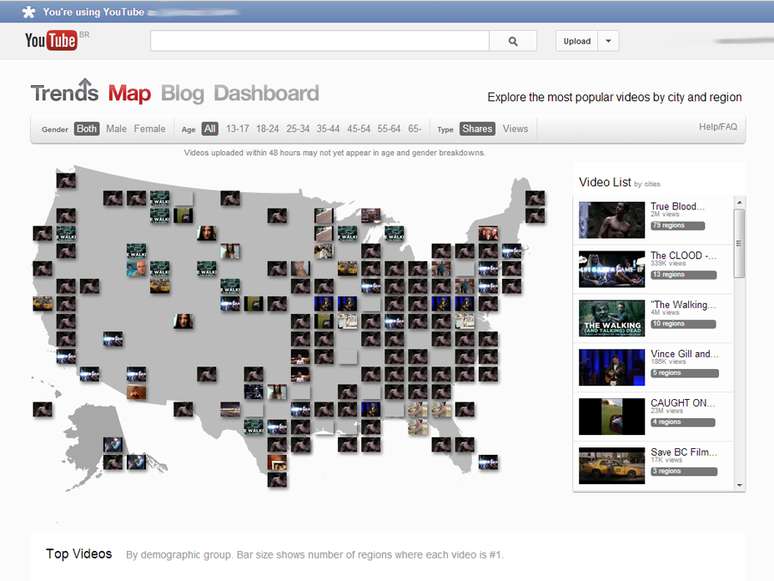 Mapa de tendências do YouTube, Trends Map é baseado em visualizações e compartilhamentos