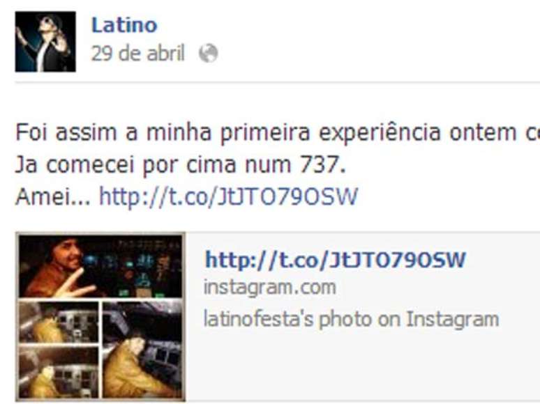 <p>Post de Latino no Facebook, com link direto para o Instagram; aeronave na realidade era um Airbus</p>