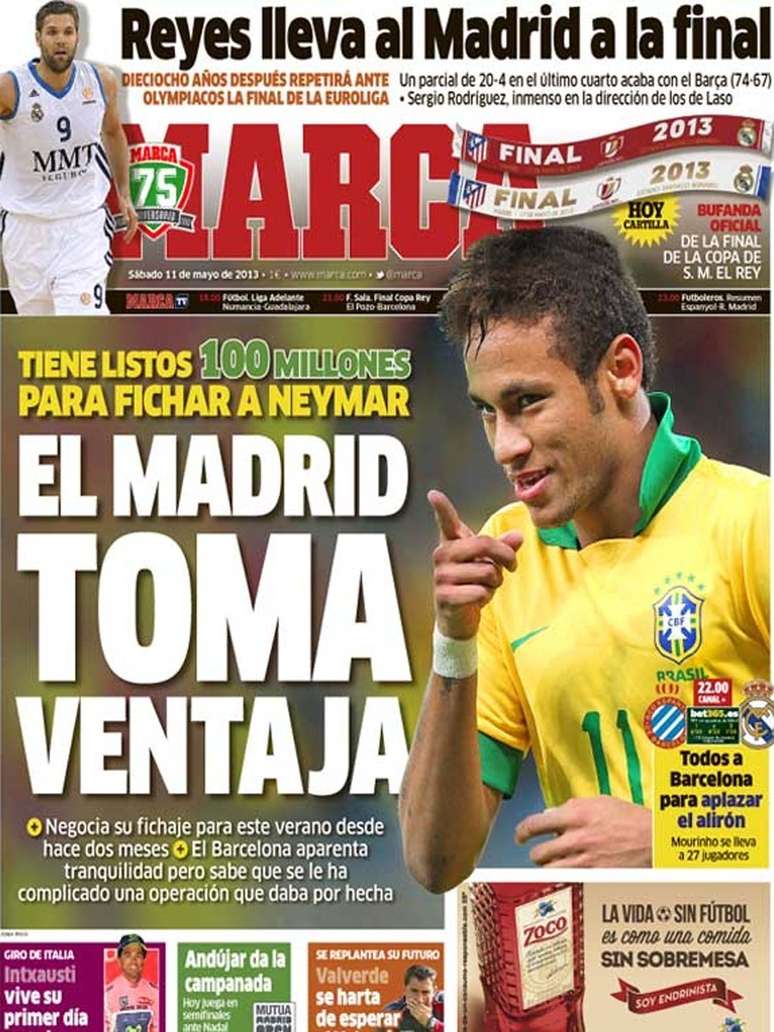 <p>Atacante brasileiro foi o destaque na capa do <em>Marca </em>na edição deste sábado</p>