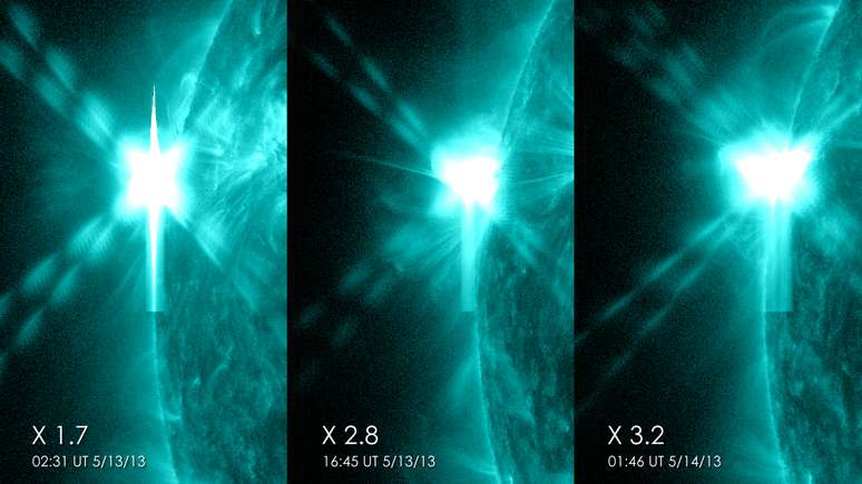 <p>Imagem divulgada pela Nasa mostra tr&ecirc;s erup&ccedil;&otilde;es solares que ocorreram em 24 horas</p>