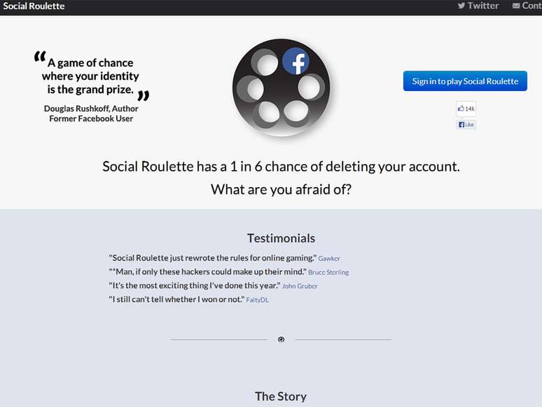 Social Roulette podia deletar todo o conteúdo do perfil do usuário na rede social, simulando a "morte" digital