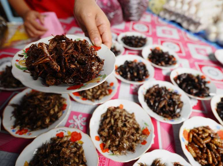 Em Vientiane, capital do Laos, é fácil encontrar diferentes tipos de insetos prontos para serem degustados