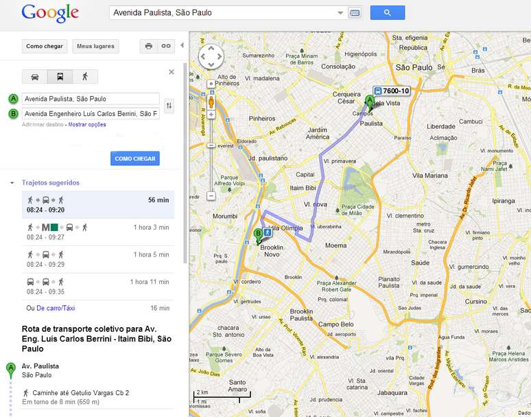 O serviço atual do Google indica qual ônibus o passageiro deve usar para o trajeto