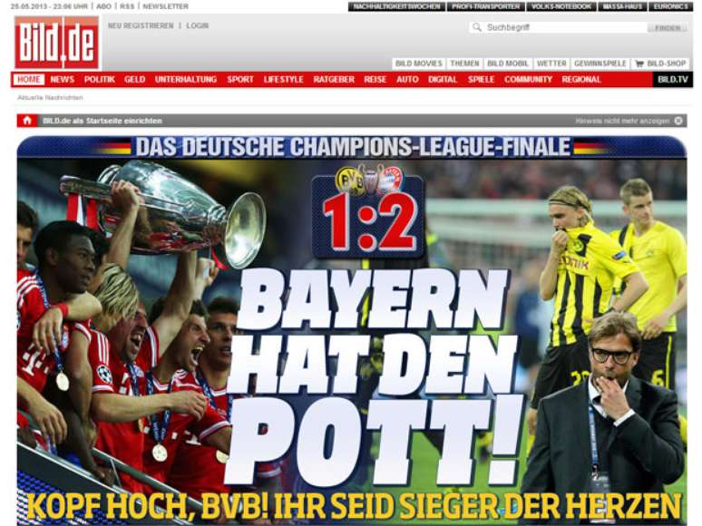 <p>O <em>Bild </em>parabeniza os campe&otilde;es europeus</p>