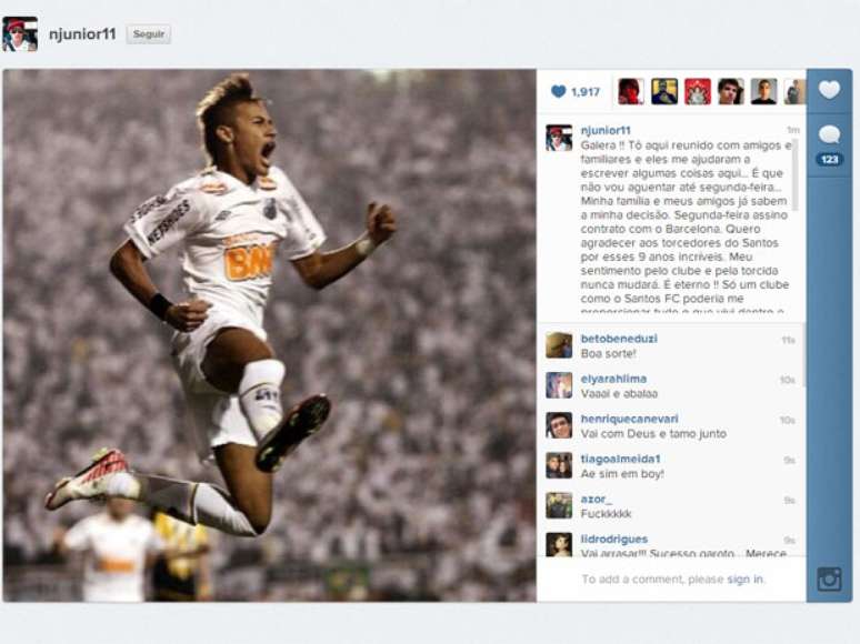 Neymar confirmou por meio de seu Instagram que vai trocar Santos por Barcelona