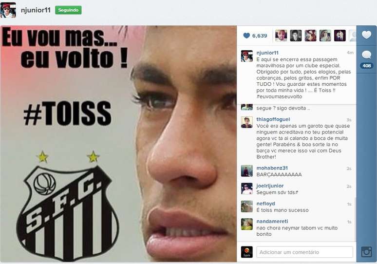 Neymar se despede da torcida do Santos pela Instagram ap&oacute;s acerto com o Bar&ccedil;a