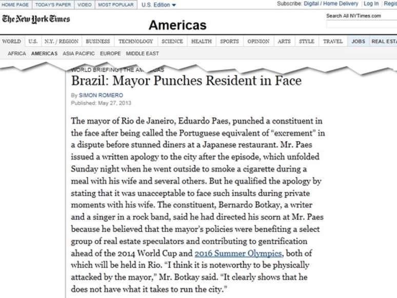 O jornal <i>The New York Times</i> publicou uma nota sobre a briga envolvendo Eduardo Paes