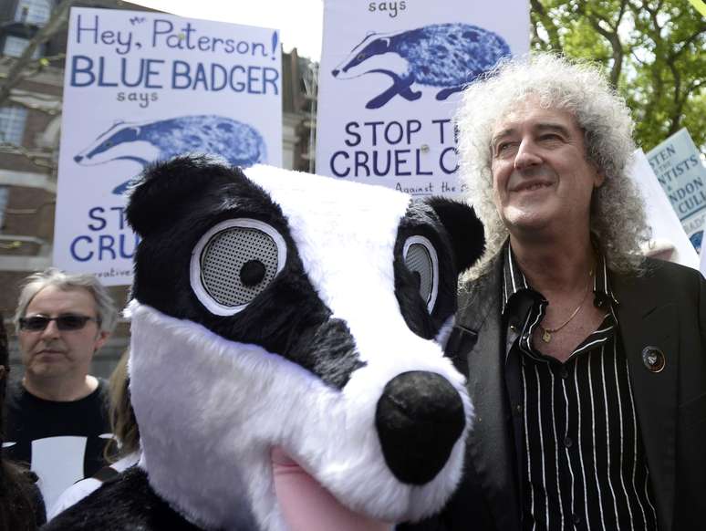 Manifestantes vestidos como texugos, animais "parentes" dos gambás, e liderados pelo ex-guitarrista do grupo Queen, Brian May, marcharam pelo centro de Londres, neste sábado