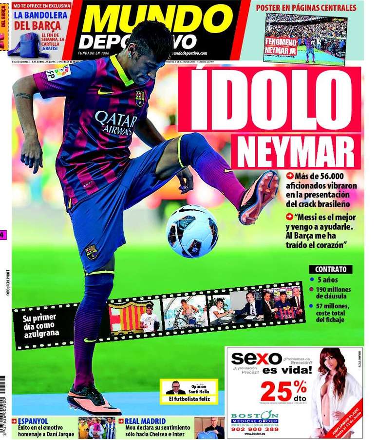 <p>A imprensa espanhola d&aacute; bastante destaque nesta ter&ccedil;a-feira a Neymar, que j&aacute; virou "&iacute;dolo" do Barcelona segundo um dos jornais esportivos da cidade, o <em>Mundo Deportivo</em>. Em sua capa, o di&aacute;rio ressalta que mais de 56 mil torcedores se dirigiram ao Camp Nou na tarde da &uacute;ltima segunda&nbsp;para prestigiar a apresenta&ccedil;&atilde;o do ex-jogador do Santos</p>