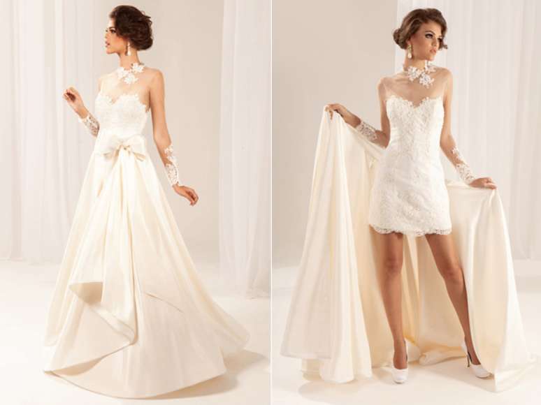 Vestido oferece duas op&ccedil;&otilde;es de uso para noiva