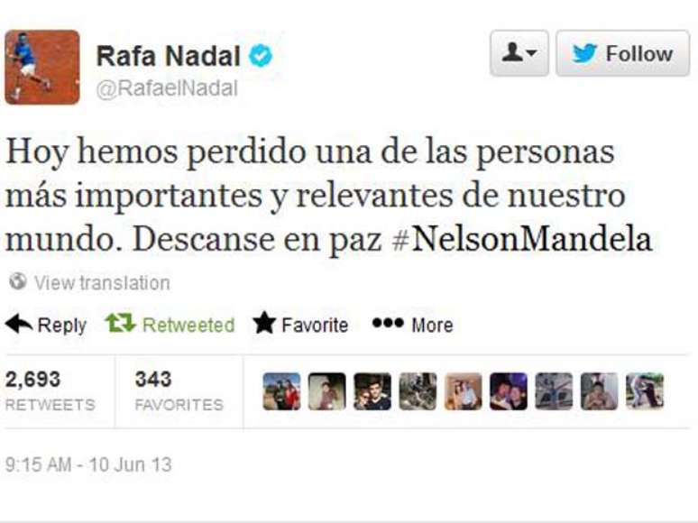 <p>Tenista espanhol noticiou morte de ex-presidente sul-africano; mais tarde, se corrigiu</p>