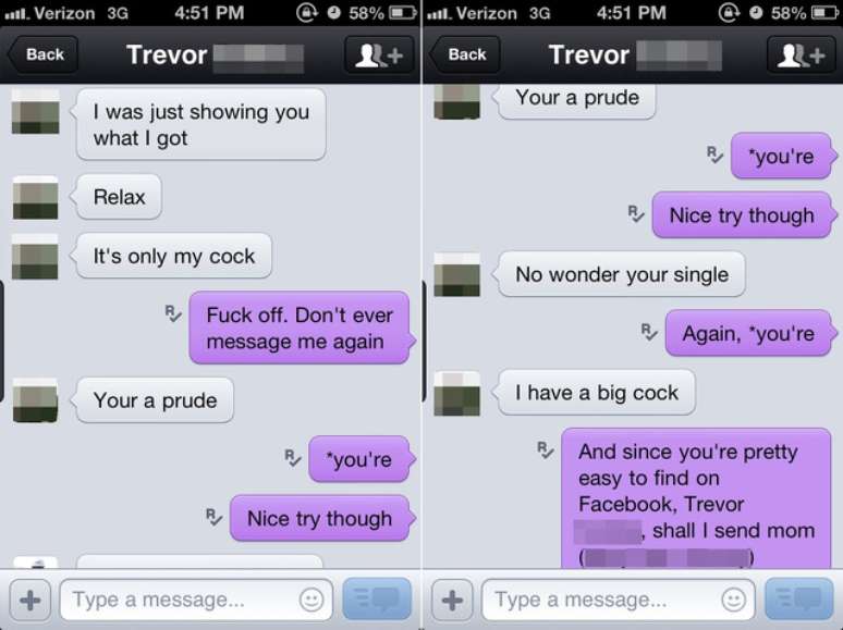 <p>Troca de mensagens entre Trevor e a jovem, usuária do site Lets' Date</p>