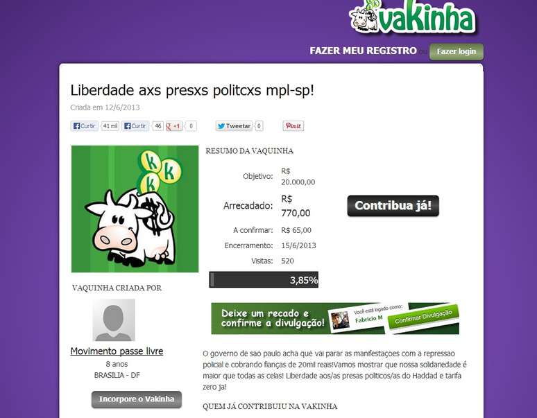 Movimento Passe Livre criou vaquinha na web para arrecadar dinheiro para fianças