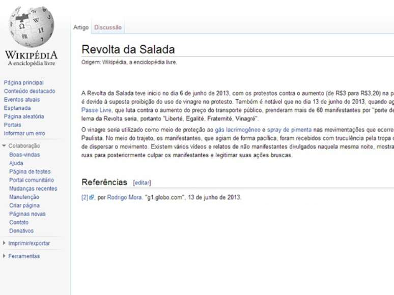 <p>Site Wikipédia ganhou uma página sobre a 'Revolta da Salada', em referência aos protestos contra o aumento das tarifas em São Paulo</p>