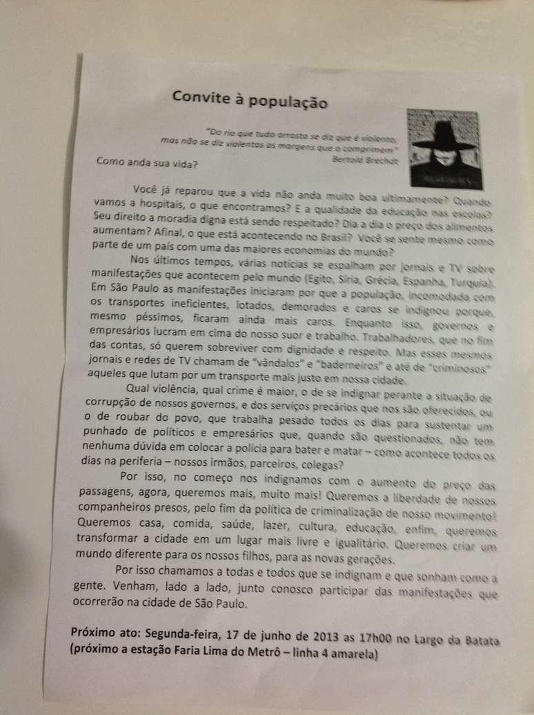 Panfleto distribuído no Largo da Batata diz que o movimento não é mais apenas pela passagem