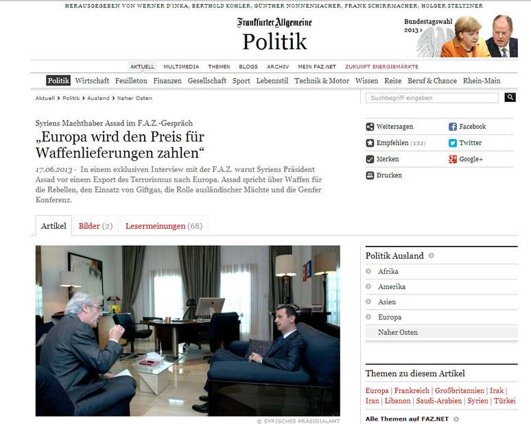 Imagem mostra a página do jornal alemão FAZ com a entrevista com Assad