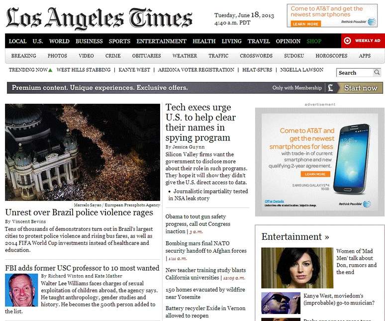 Capa da versão online do jornal americano Los Angeles Times
