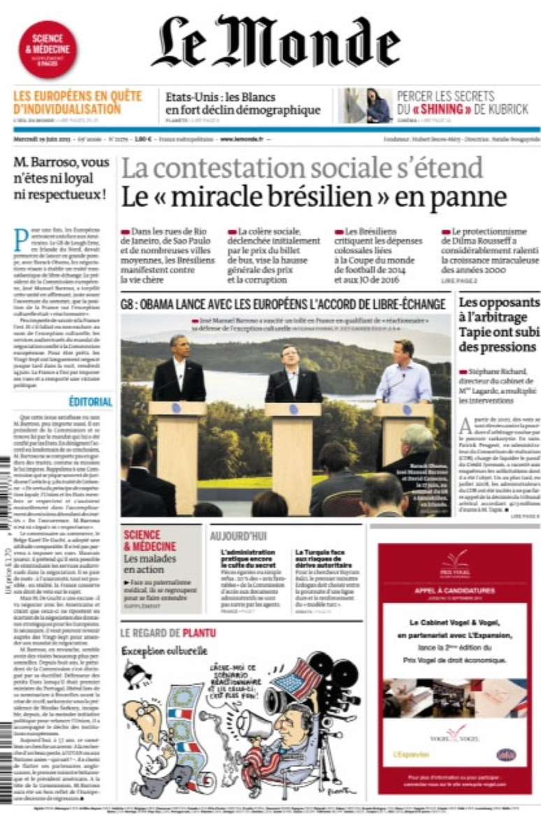 Capa do jornal francês Le Monde de amanhã, 19 de junho
